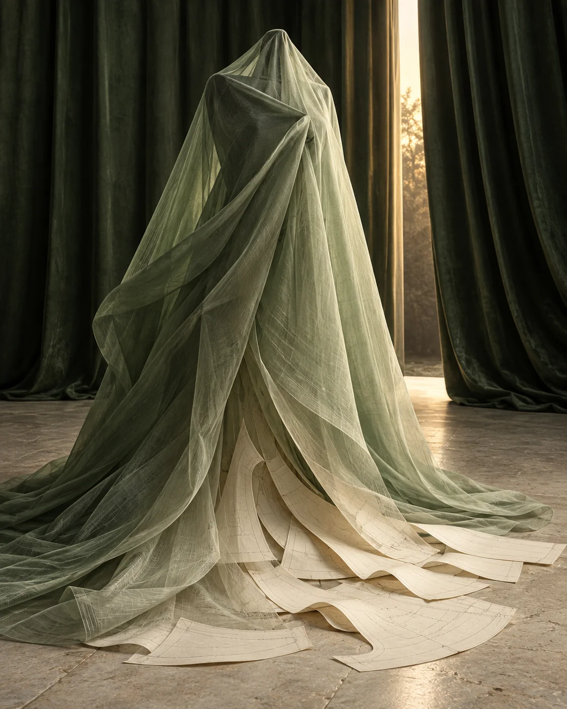 Sage fabric concealing a sculptural form with pattern paper beneath it and light beyond a curtain