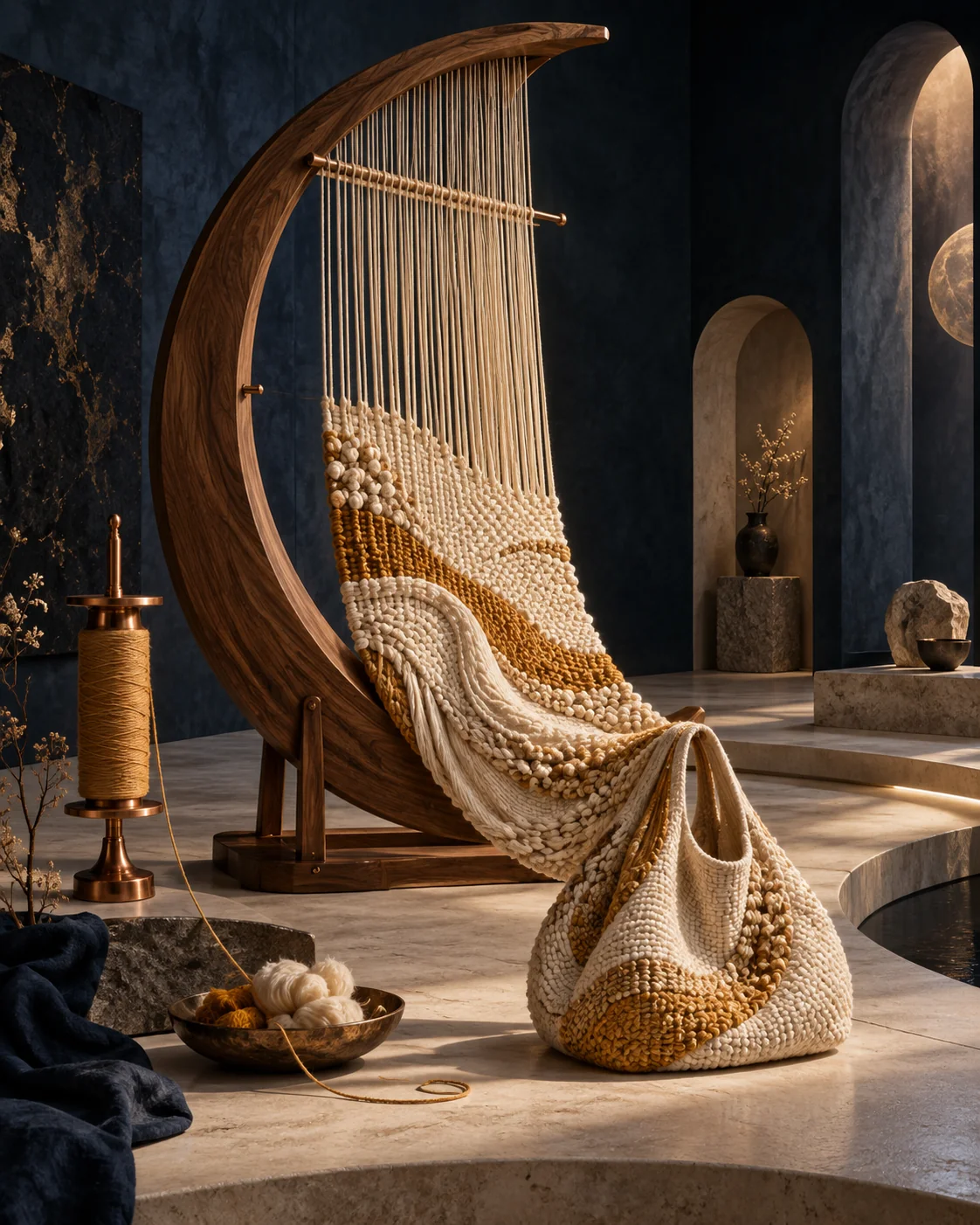 Imagined crescent loom with ivory and ochre threads becoming a woven textile and bag