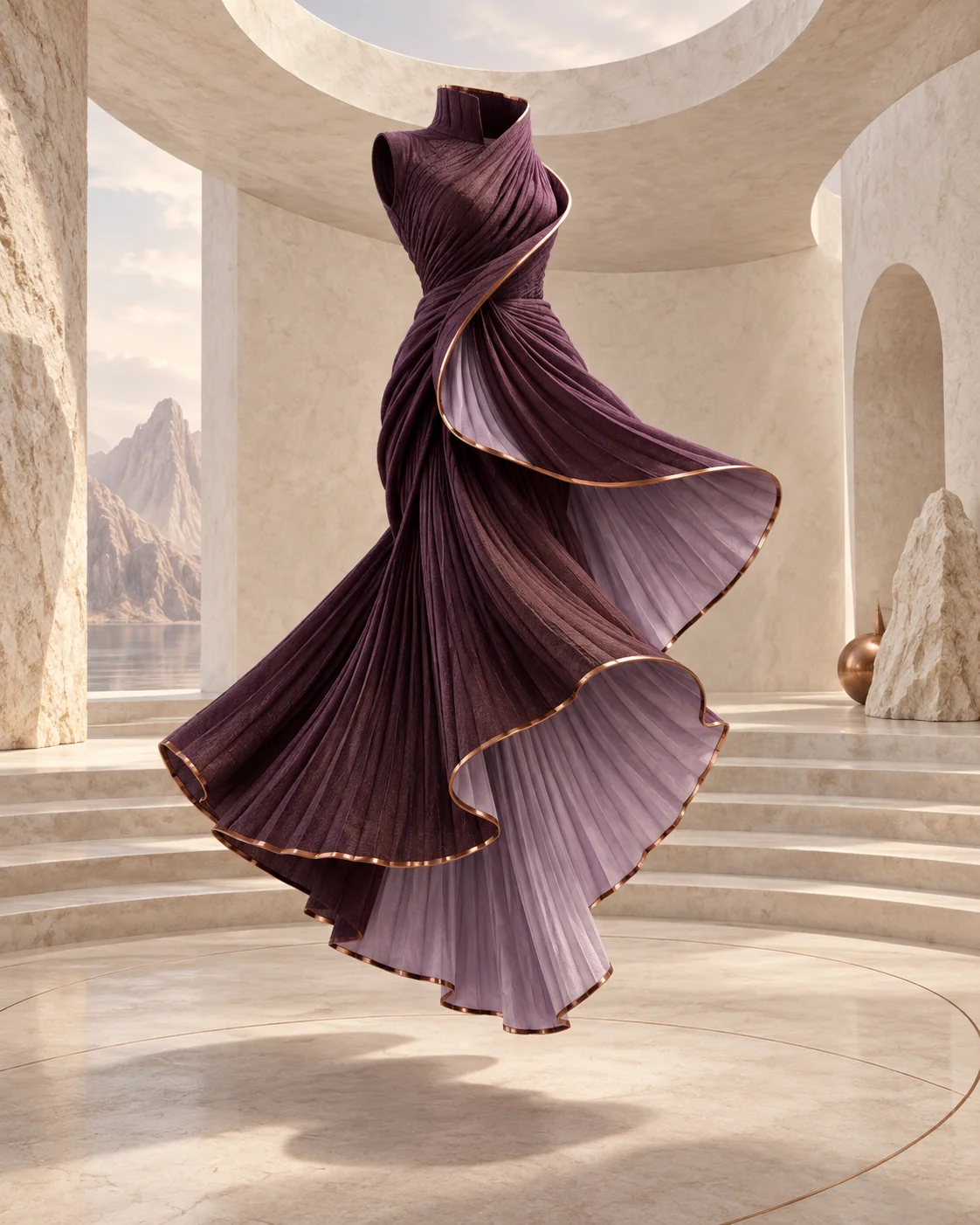 Conceptual aubergine and lilac pleated garment spiralling through an ivory gallery