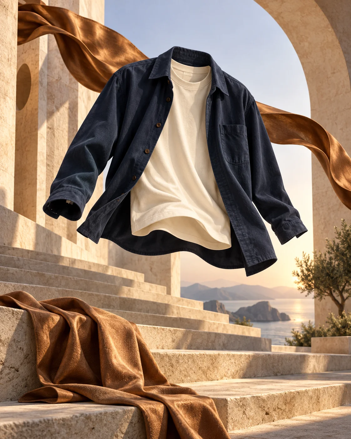 Conceptual navy overshirt and ivory tee suspended over sunlit steps with bronze fabric