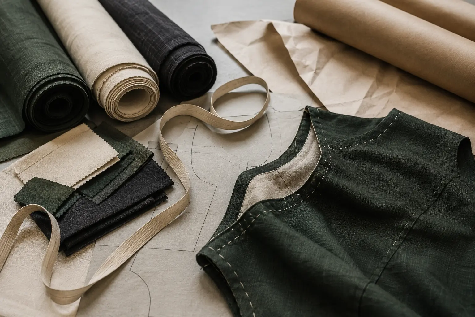 Textile rolls, swatches, garment pattern and stitched panel illustrating a possible sourcing workflow