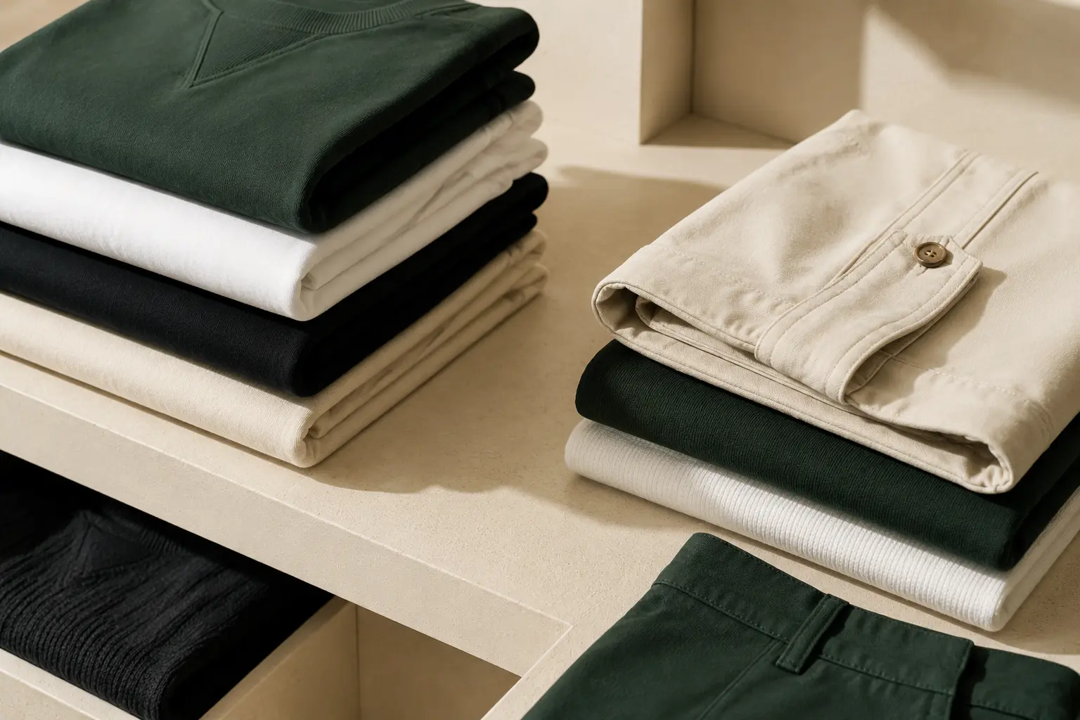 Practical everyday clothing textiles arranged in a clear modular composition