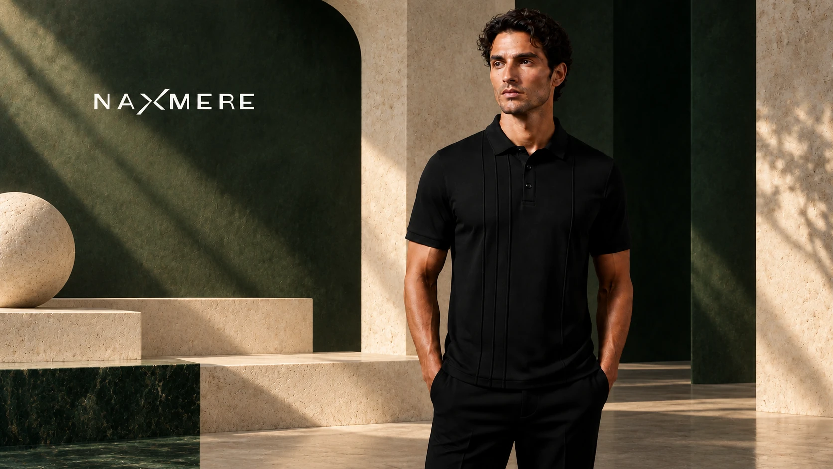 NAXMERE AXIS 02 campaign: black polo worn by a model alongside the NAXMERE wordmark