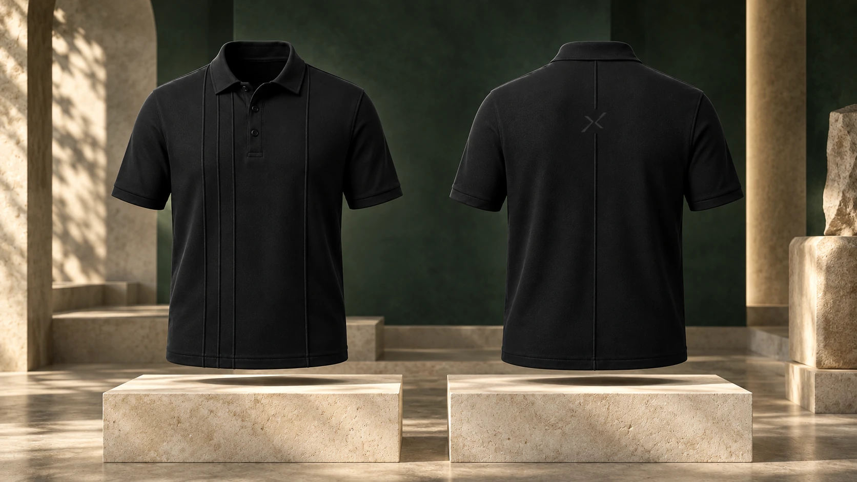 Front and back views of the black AXIS 02 polo, showing vertical front detailing and the tonal rear mark