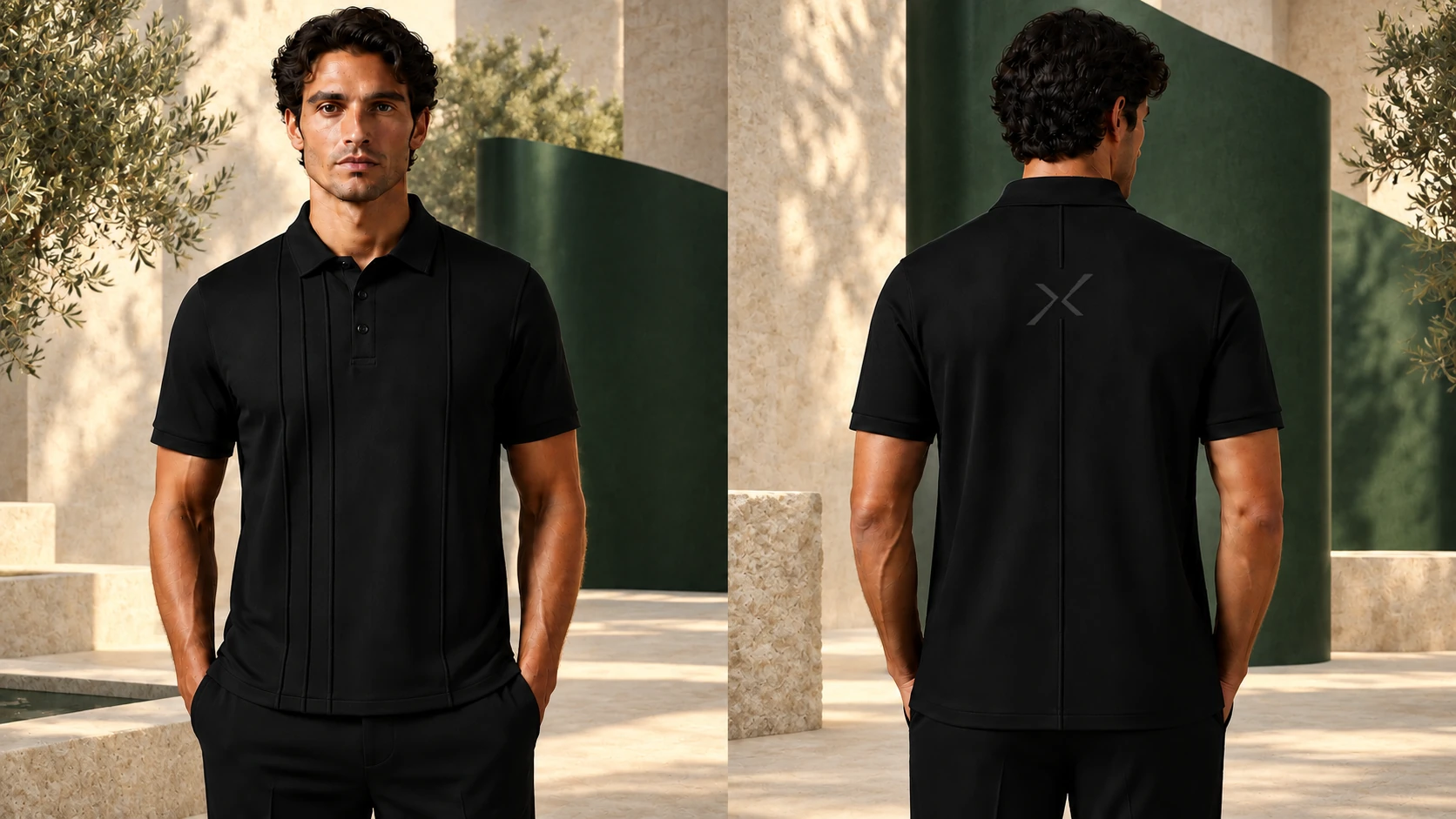 Model-worn front and back views of the black NAXMERE AXIS 02 polo
