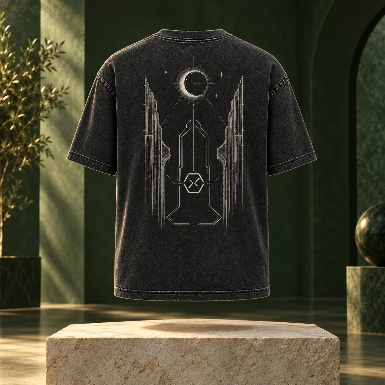 Standalone back view of the charcoal NAXMERE T-shirt showing its complete architectural graphic