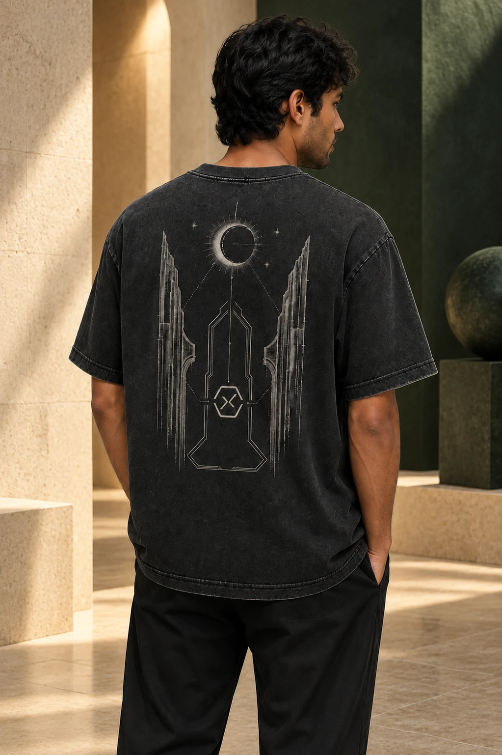 Model wearing the charcoal NAXMERE T-shirt, showing its architectural back graphic
