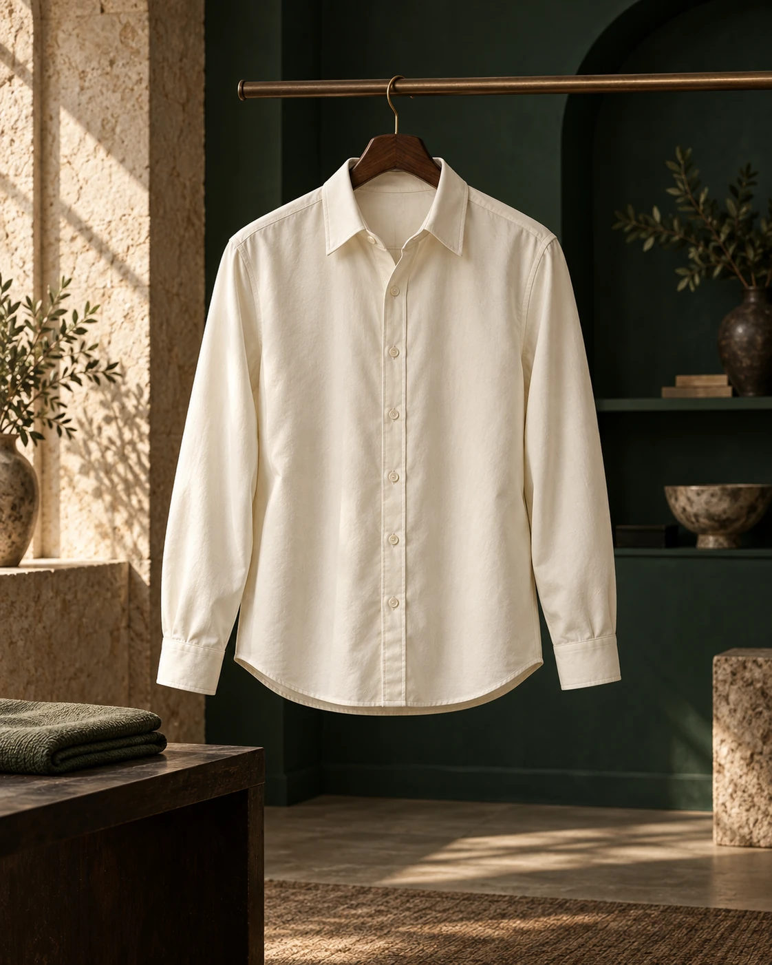 Complete ivory button-up shirt hanging in a forest-green digital atelier